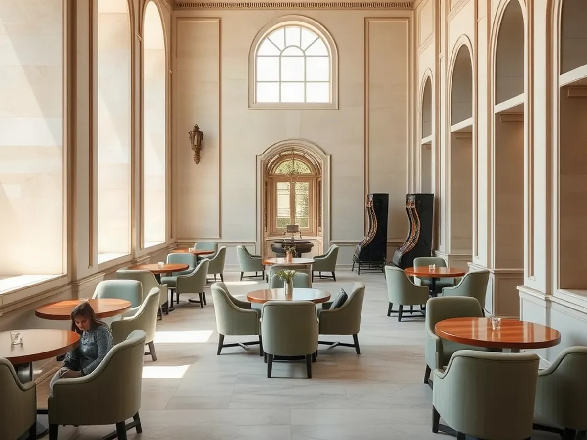 Sage lounge chairs and oak tables in gentle window light against pale plaster