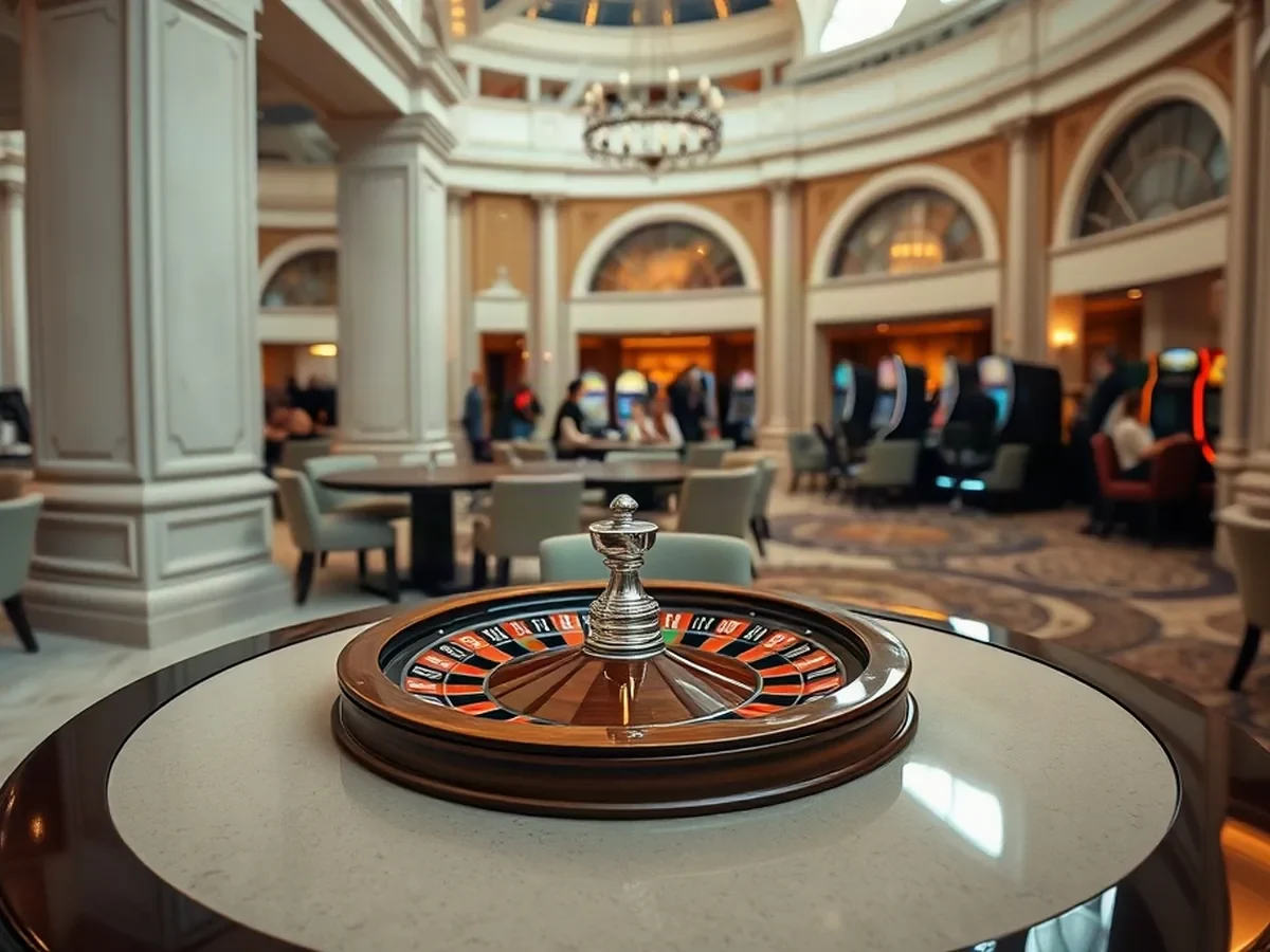 A polished physical roulette wheel with ivory ball against a softly lit gallery interior
