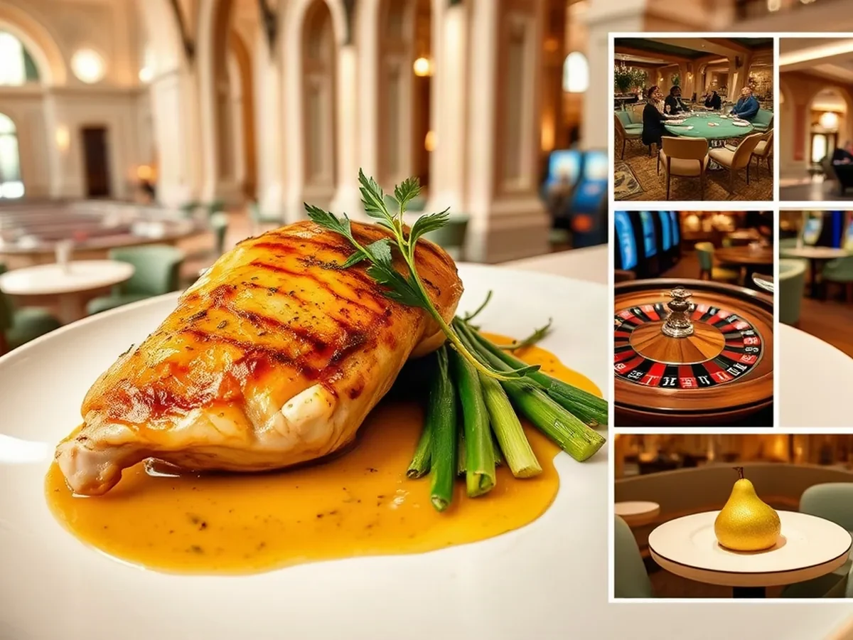 Golden roast chicken with spring herbs, buttered leeks and bright pan jus on pale ceramic